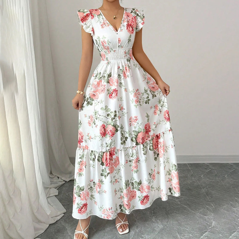 Women's Summer Maxi Dress – Flowy A-Line, V-Neck, Flutter Sleeves, Beach Vacation Outfit