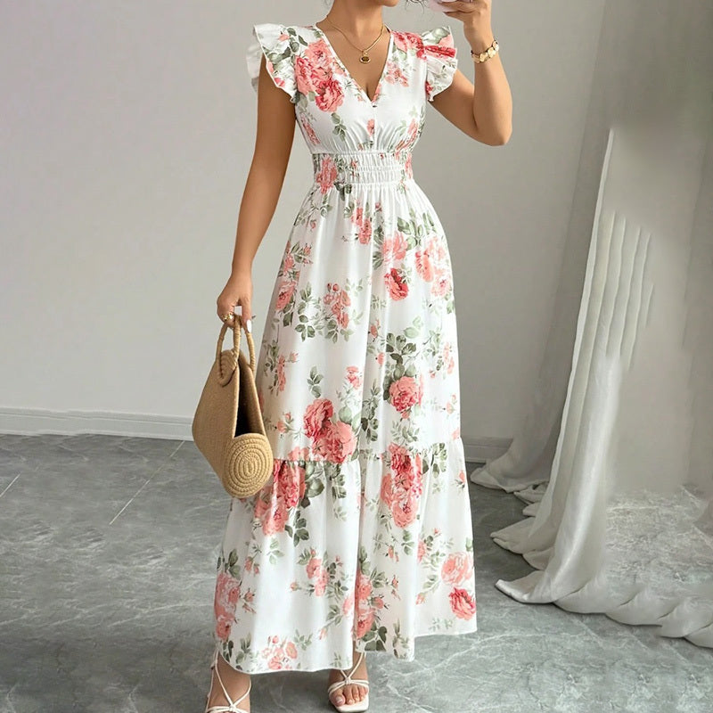 Women's Summer Maxi Dress – Flowy A-Line, V-Neck, Flutter Sleeves, Beach Vacation Outfit
