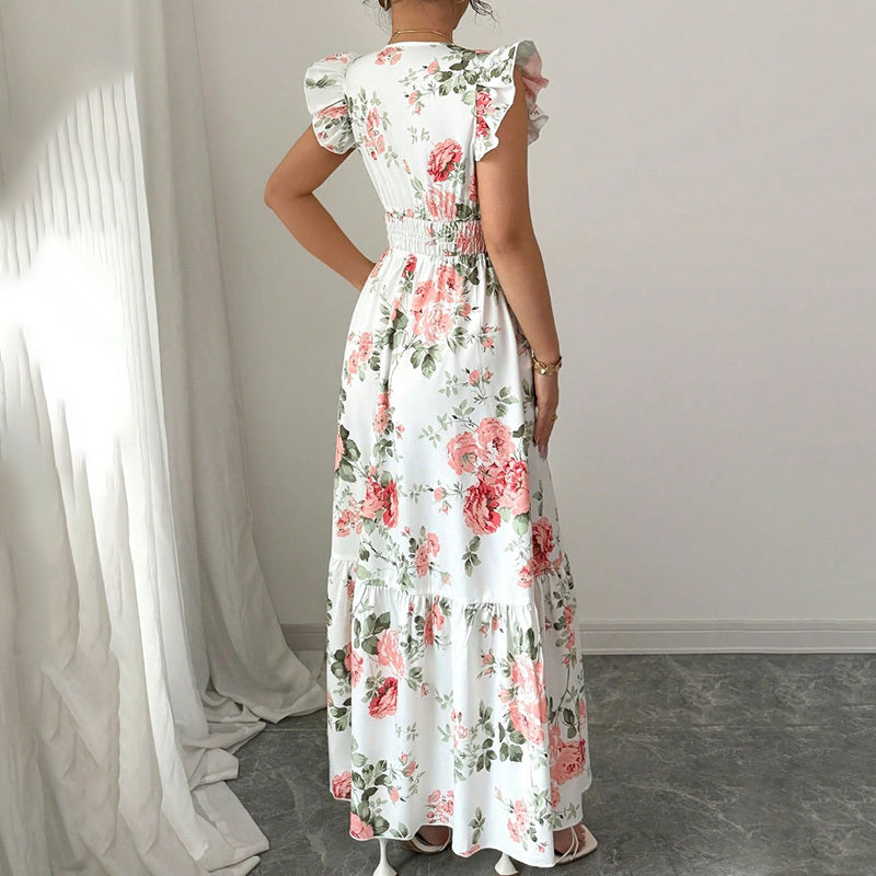 Women's Summer Maxi Dress – Flowy A-Line, V-Neck, Flutter Sleeves, Beach Vacation Outfit