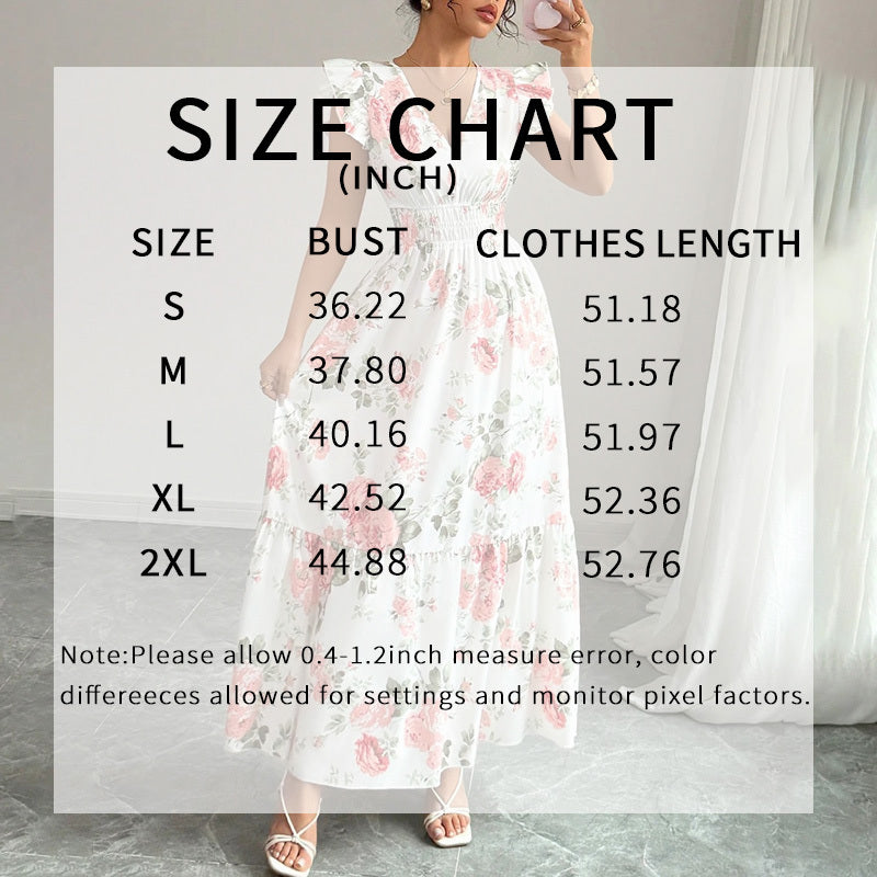Women's Summer Maxi Dress – Flowy A-Line, V-Neck, Flutter Sleeves, Beach Vacation Outfit