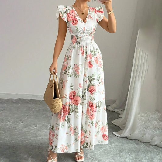 Women's Summer Maxi Dress – Flowy A-Line, V-Neck, Flutter Sleeves, Beach Vacation Outfit