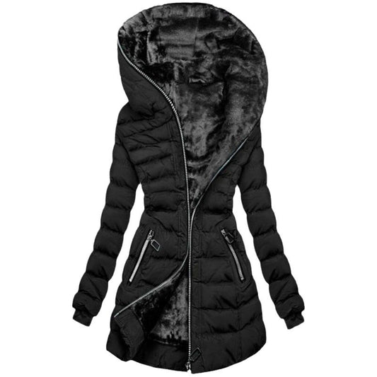 Hooded Mid-Length Fleece Padded Jacket – Winter Coat