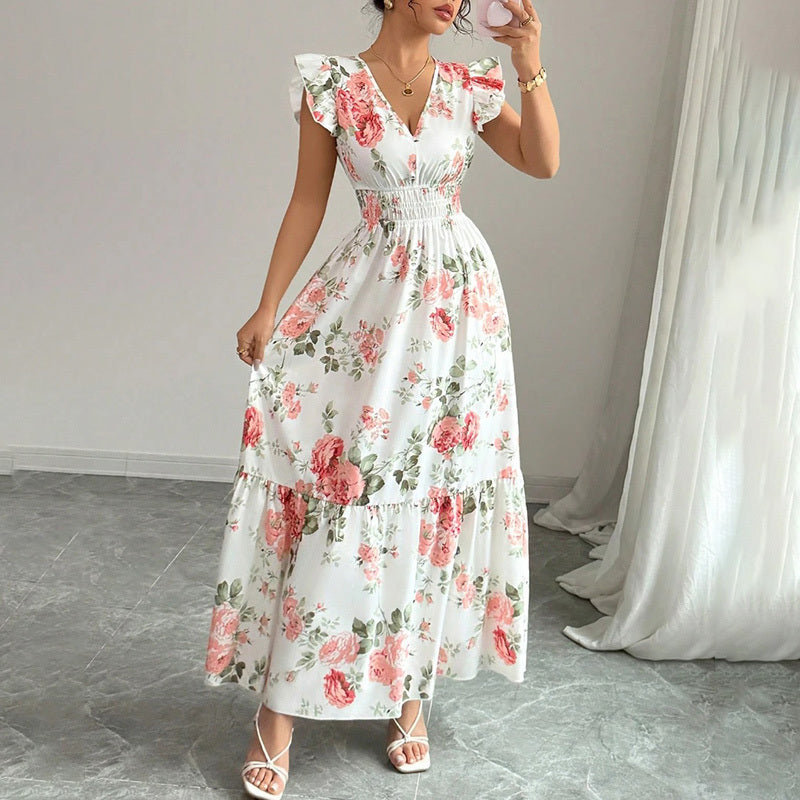 Women's Summer Maxi Dress – Flowy A-Line, V-Neck, Flutter Sleeves, Beach Vacation Outfit