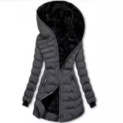Hooded Mid-Length Fleece Padded Jacket – Winter Coat