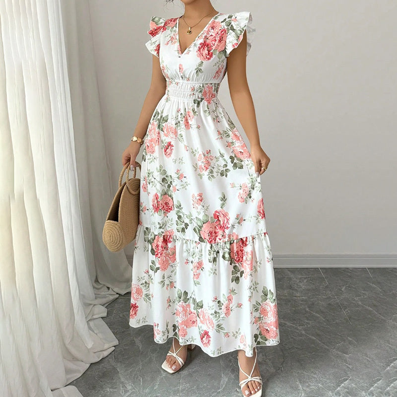 Women's Summer Maxi Dress – Flowy A-Line, V-Neck, Flutter Sleeves, Beach Vacation Outfit
