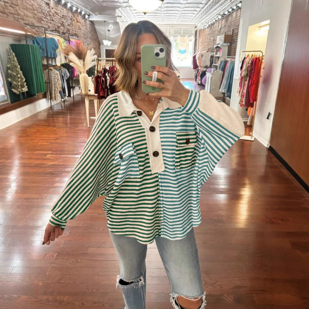 European And American Retro Street Idle Style Loose Striped Polo Shirt